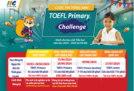 TRƯỜNG TIỂU HỌC QT THĂNG LONG HƯỞNG ỨNG PHÁT ĐỘNG CUỘC THI TIẾNG ANH TOEFL PRIMARY CHALLENGE NĂM HỌC 2023 - 2024