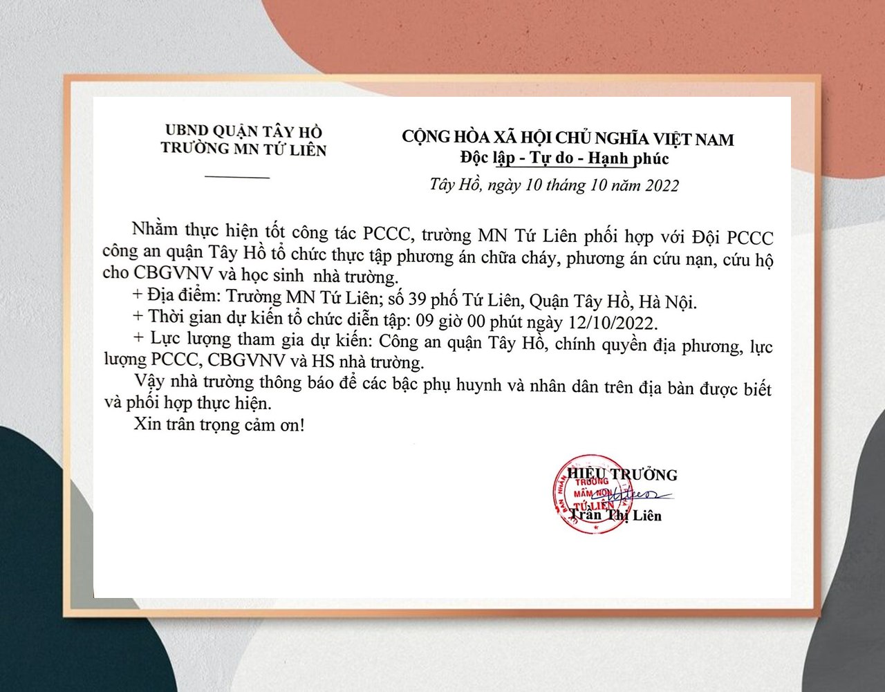 Thông báo về việc nhà trường triển khai thực tập phương án chữa cháy, cứu hộ, cứu nạn.