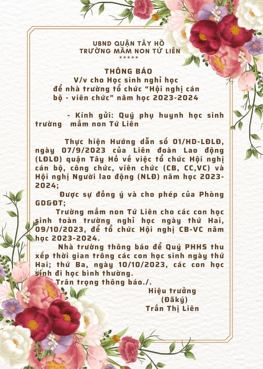 THÔNG BÁO: Về việc tổ chức Hội nghị cán bộ, công chức, viên chức và Hội nghị người lao động năm 2023 của trường MN Tứ Liên