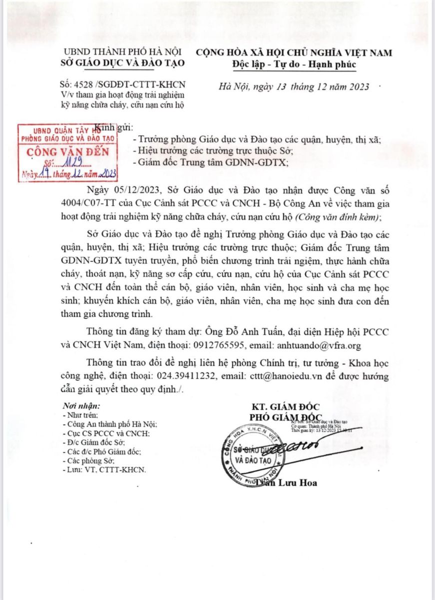 Thông báo về việc tham gia Chương trình trải nghiệm thực hành chữa cháy, cứu nạn, cứu hộ của Cục Cảnh sát PCCC và CNCH.