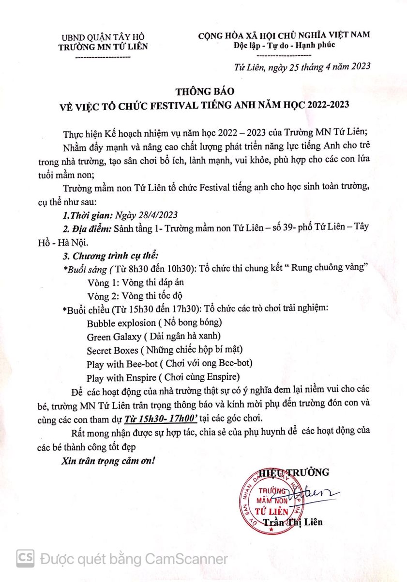 Thông báo tổ chức Festival tiếng anh