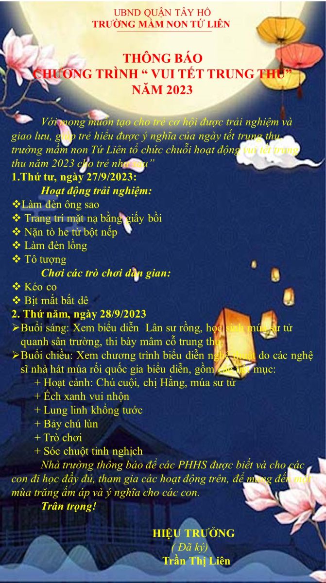 Thông báo chuỗi hoạt động vui tết trung thu của học sinh trường mầm non Tứ Liên