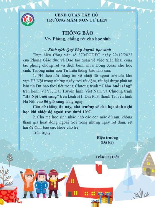 TRƯỜNG MẦM NON TỨ LIÊN THÔNG BÁO VIỆC PHÒNG CHỐNG RÉT CHO HỌC SINH