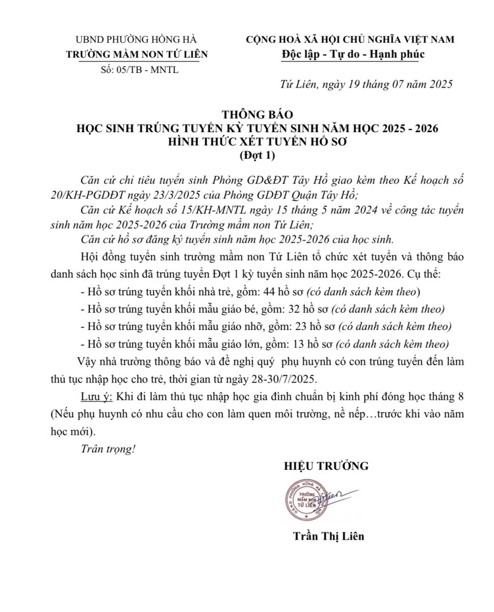 THÔNG BÁO DANH SÁCH HỌC SINH TRÚNG TUYỂN KỲ TUYỂN SINH NĂM HỌC 2025-2026