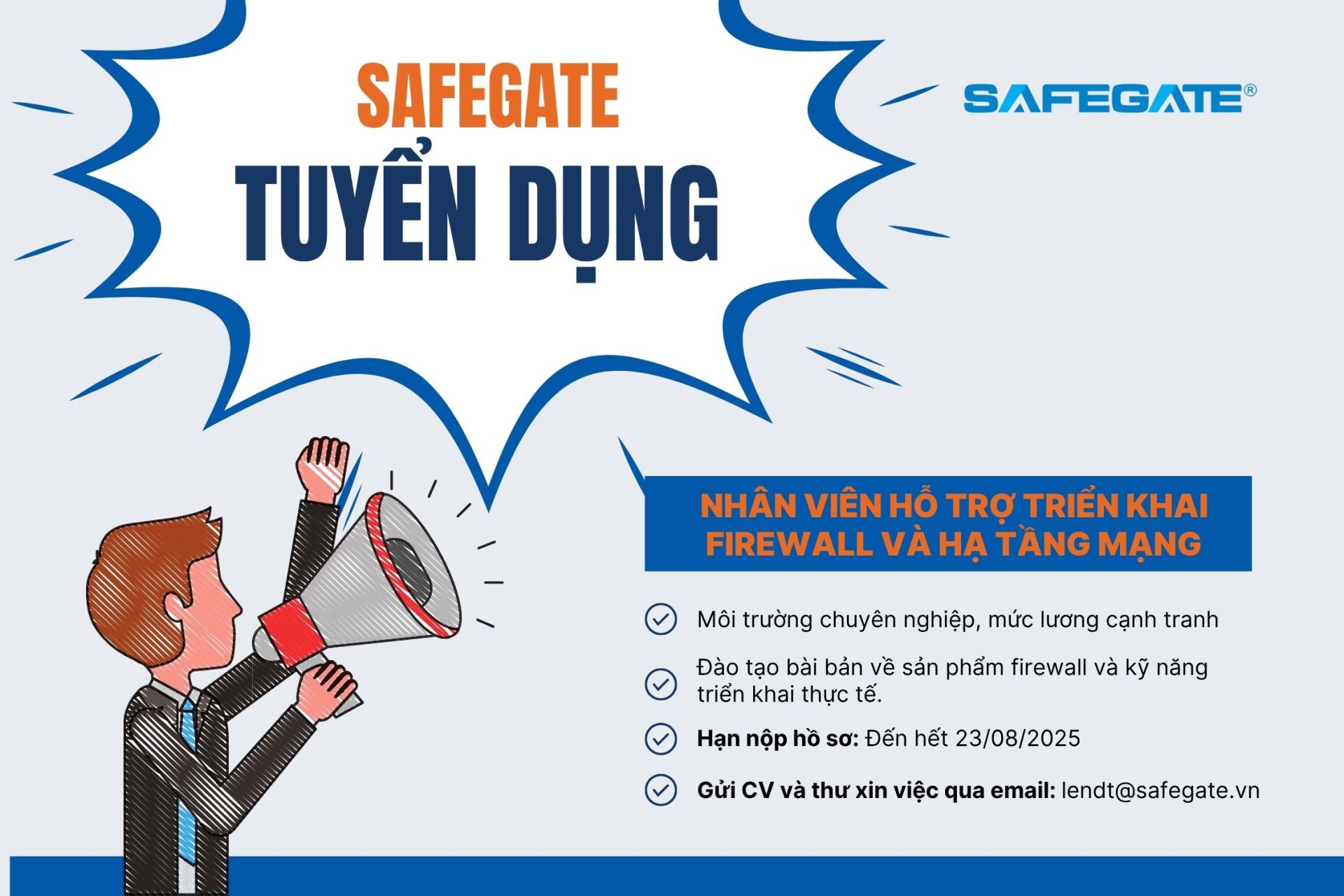 SafeGate tuyển nhân viên hỗ trợ triển khai firewall và hạ tầng mạng