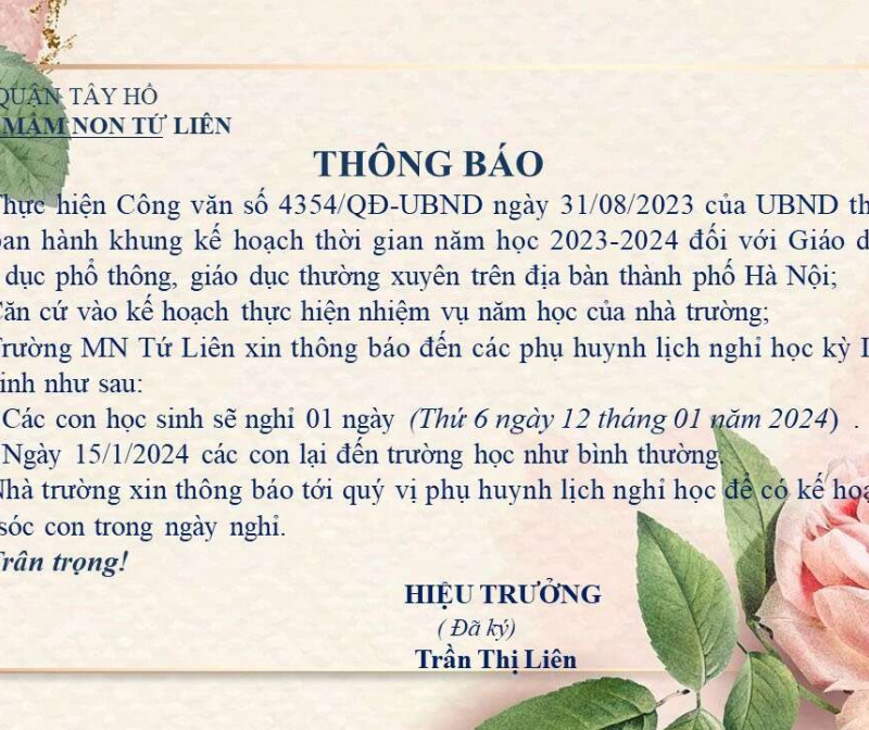 🗓️Trường mầm non Tứ Liên trân trọng thông báo lịch nghỉ sơ kết học kỳ 1 năm học 2023-2024!