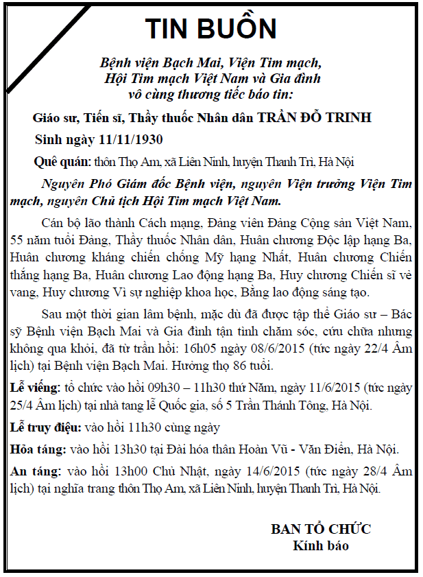 Tin buồn: Giáo sư, Tiến sĩ, Thầy thuốc Nhân dân TRẦN ĐỖ TRINH đã qua đời :(